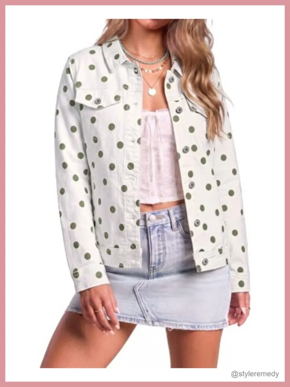 Women's Polka Dot Stretch Denim Jean Jacket with Pockets